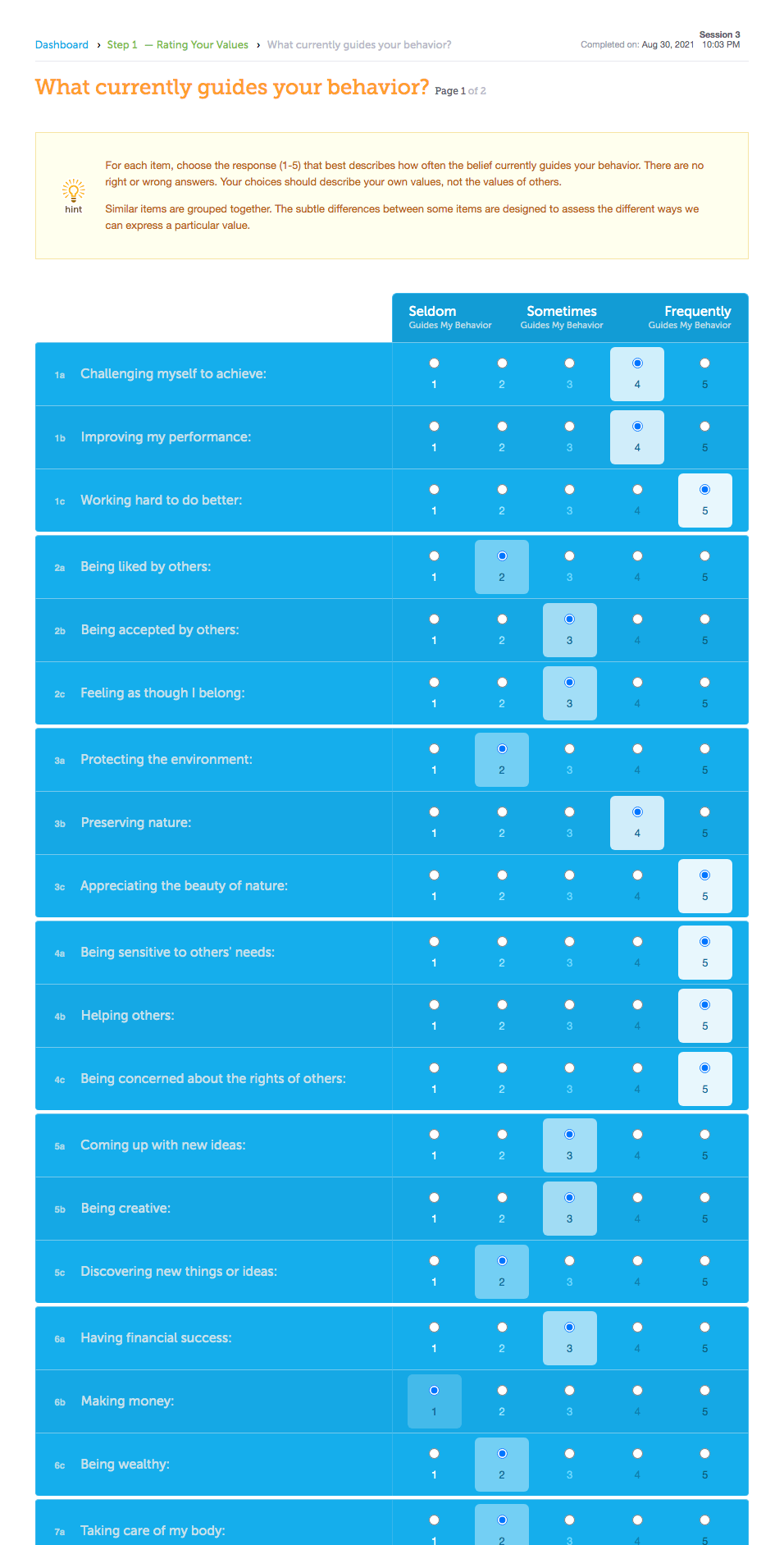 Screenshot of Step 1: 'Rating Your Values' from an LVI session