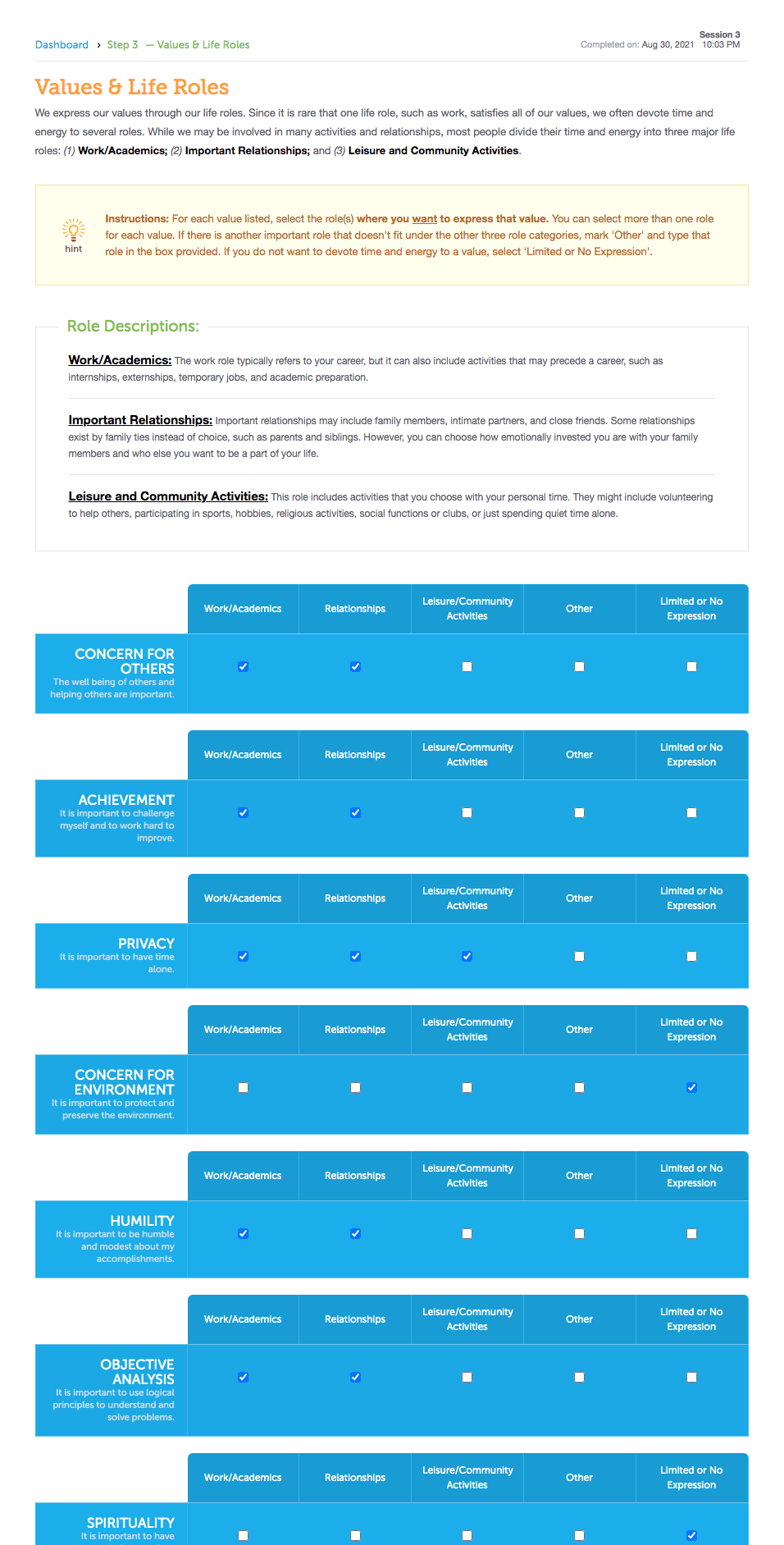 Screenshot of Step 3: 'Values & Life Roles' from an LVI session