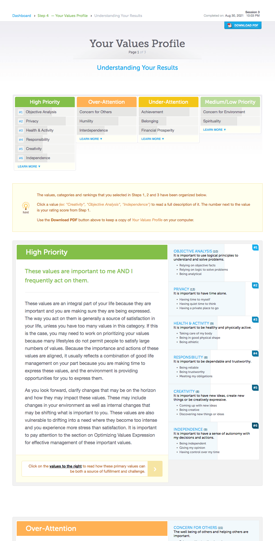 Screenshot of Step 4a: 'Your Values Profile' from an LVI session